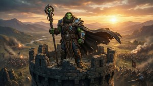 Rubick overskuer slagmarken fra et ødelagt tårn.