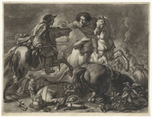 Ruitergevecht by Jan van Huchtenburg, created 1657 - 1733, in paper; mezzotint. Download this artwork as a high-resolution wallpaper for desktop, tablet, or mob — Jan van Huchtenburg Wallpaper