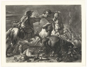 Ruitergevecht by Jan van Huchtenburg, created 1657 - 1733, in paper; engraving; mezzotint. Download this artwork as a high-resolution wallpaper for desktop, tab — Jan van Huchtenburg Wallpaper