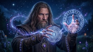 Arthur Leywin casting a spell with glowing runes and mana particles