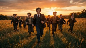 Ragazzi della Dead Poets Society che corrono in un campo al tramonto simboleggiando gioventù e avventura