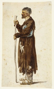 Russian Peasant by Daniel Nikolaus Chodowiecki, created n.d., in Brush with brown, blue, black, gray, and red watercolor over graphite, on cream laid paper. Dow
