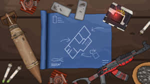 Pixelkunst bord med rumskibs blueprint, våben og værktøj på træoverflade — Rustik Wallpapers
