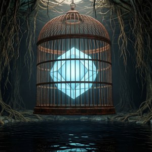 Donker surrealistisch behang van een roestige kooi met een gloeiende geometrische vorm over zwart water
