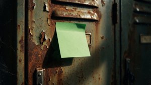 Wallpaper vintage murung dari catatan Post-it hijau di loker logam berkarat.