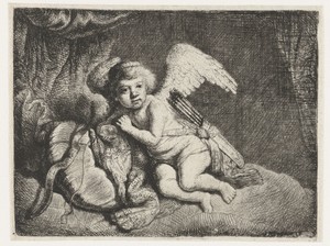 Rustende Cupido by Isaac de Jouderville, created 1623 - 1647, in paper; etching; drypoint. Download this artwork as a high-resolution wallpaper for desktop, tab — Isaac de Jouderville Wallpaper
