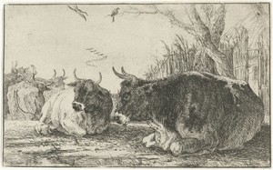 Rustende koeien by Jan van den Hecke (I), created 1656, in paper; etching. Download this artwork as a high-resolution wallpaper for desktop, tablet, or mobile. — Jan van den Hecke (I) Wallpaper