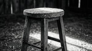 Et stemningsfullt svart-hvitt-bilde av en trepall i en solfylt låve.