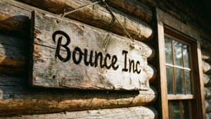 Kaiverrettu puinen Bounce Inc -kyltti hirsitalossa