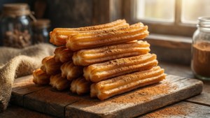 Warm golden churros piled on wood with cinnamon dust, rustic wallpaper.