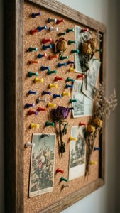 Vintage kurkbord met ansichtkaarten en bloemen.
