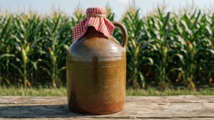 En lerkande til moonshine med ternet klæde i en majsmark