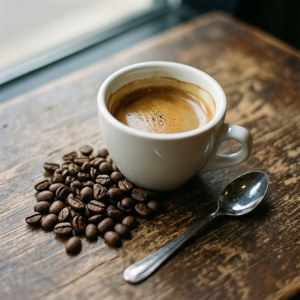 A top-down view of espresso in a white cup with coffee beans and spoon on a wooden table.