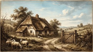 Een charmant boerenlandschap met schapen en een huisje, dat de rustieke stijl van Gillis van Scheyndel vastlegt.