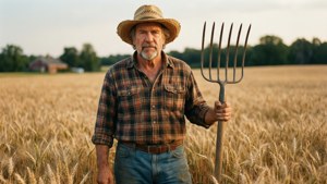 Dan Aykroyd en tant qu'agriculteur dans un champ de blé avec une fourche.