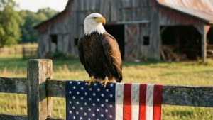 Bald eagle on American flag draped over wooden fence in countryside.