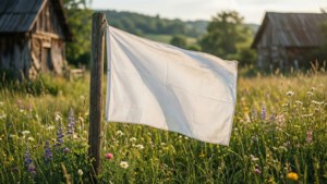 Uma bandeira em branco em um poste de madeira em um prado cheio de flores, paisagem rústica e serena.