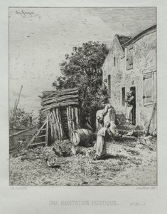 Rustic House by Charles Emile Jacque, created 1865, in etching. Download this artwork as a high-resolution wallpaper for desktop, tablet, or mobile. — Charles Emile Jacque Wallpaper