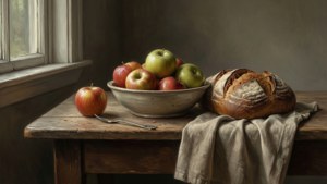 Sebuah still life dapur sederhana dengan apel dan roti, bermandikan cahaya siang yang lembut.