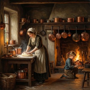 Et hyggeligt landkøkkeninteriør med en kvinde og et barn ved levende lys af Auguste-Xavier Leprince.