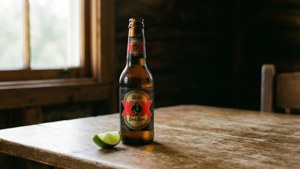 A Dos Equis bottle with lime wedge on a rustic wooden table.