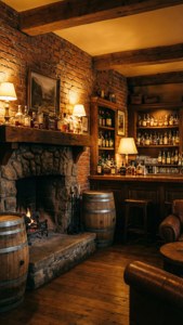 Bar rústico aconchegante com tijolos, lareira e iluminação âmbar.