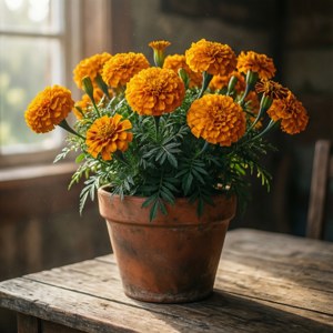 Fleurs de souci dans un pot en argile sur du bois, lumière du matin