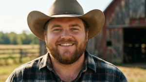 Luke Combs i en uformell utendørs setting med en låve og varmt sollys.