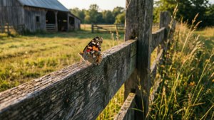 A butterfly resting on an old wooden fence in a rural landscape.