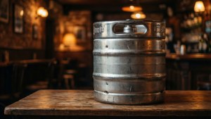 A metallic keg in a cozy pub setting with warm lighting.