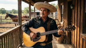 Vicente Fernández suona la chitarra su una veranda di un ranch, ambientazione rustica di campagna.