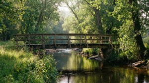 Eine friedliche Flusslandschaft von William Roxby Beverley mit einer Holzbrücke und üppigem Grün