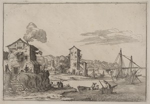 Rustic Seaport by Ercole Bazicaluva, created 1638, in etching on laid paper. Download this artwork as a high-resolution wallpaper for desktop, tablet, or mobile