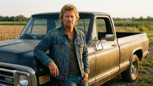 Man in denim jacket leaning on vintage truck in rural field at sunset. — Kenny Chesney Picture