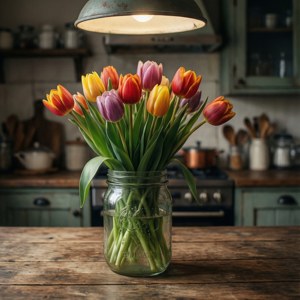 Tulips in a glass jar on a wooden table in a cozy rustic kitchen. — Tulip Wallpaper
