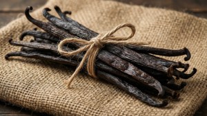 Tied bundle of vanilla beans on burlap.