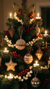 Naturally decorated Yule tree with candles and fruit