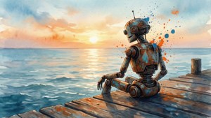 Akvarellmaleri av en liten robot som ser på solnedgangen fra en brygge.