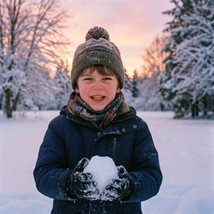 Ryder nauttii lumisesta päivästä, valmiina heittämään lumipallon.