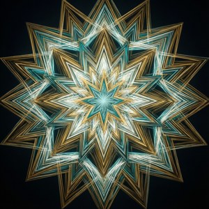 Abstrakt islamisk geometrisk stjernemønster i guld, teal og hvid.