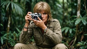 Jean Shrimpton come esploratrice di safari con una fotocamera vintage