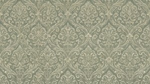 Pola wallpaper arabesque simetris dalam warna sage dan krim.