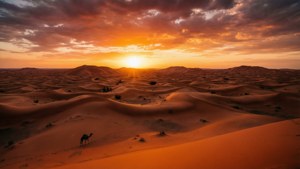 Verbluffende panoramische Saharawoestijn bij zonsondergang met warme tinten en een silhouet van een kameel.