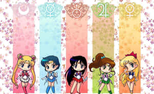 Five chibi anime girls in sailor uniforms on pastel banners with floral patterns and astrological symbols. — Sailor Moon 4K Picture