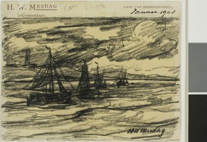 Sails by Hendrik Willem Mesdag, created 1908, in Black crayon on cream card. Download this artwork as a high-resolution wallpaper for desktop, tablet, or mobile