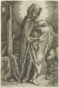 Saint Anthony by Lucas van Leyden, created c. 1521, in Engraving in black on ivory laid paper. Download this artwork as a high-resolution wallpaper for desktop, — Illustration Wallpaper