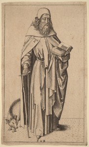 Saint Anthony by Master FVB, created c. 1490/1500, in engraving. Download this artwork as a high-resolution wallpaper for desktop, tablet, or mobile. — Master FVB Wallpaper