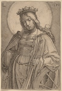 Saint Catherine by Lucas van Leyden, created 1520, in engraving. Download this artwork as a high-resolution wallpaper for desktop, tablet, or mobile. — Lucas van Leyden Wallpaper