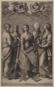 Saint Cecilia by Marcantonio Raimondi, created c. 1515/1516, in engraving. Download this artwork as a high-resolution wallpaper for desktop, tablet, or mobile. — Art Wallpaper