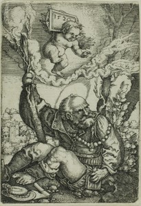 Saint Christopher by Barthel Beham, created 1520, in Engraving in black on ivory laid paper. Download this artwork as a high-resolution wallpaper for desktop, t — Illustration Background